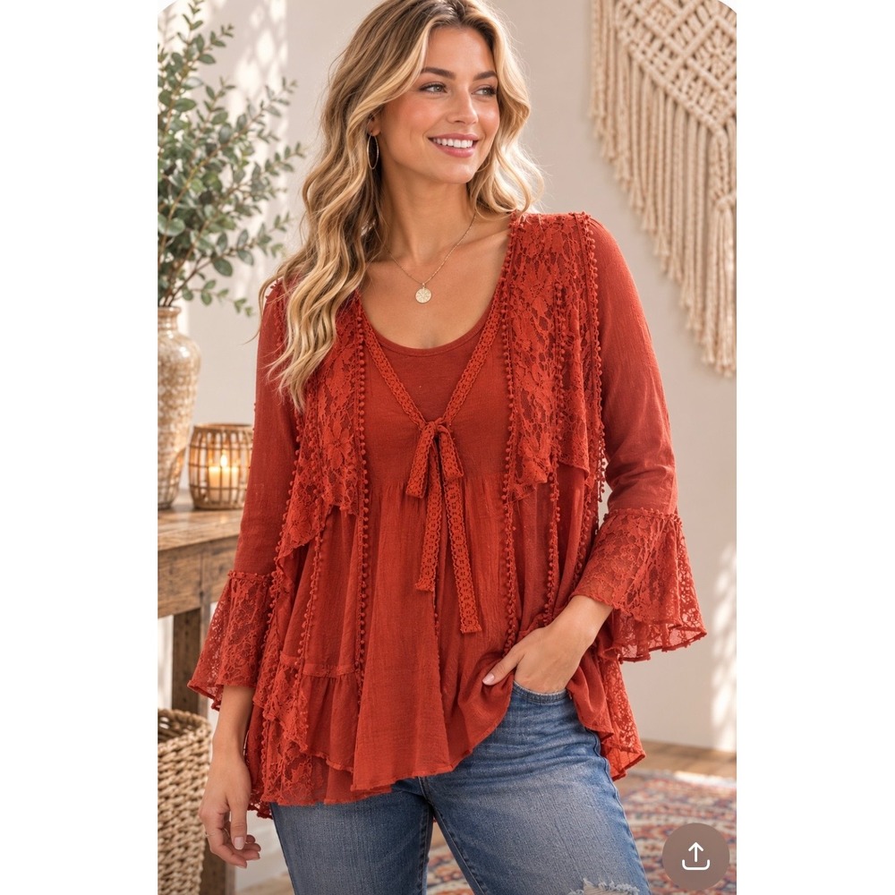 Pretty Angel Rust Orange Lace Boho Tunic Top Linen Blend Bell Sleeve Large